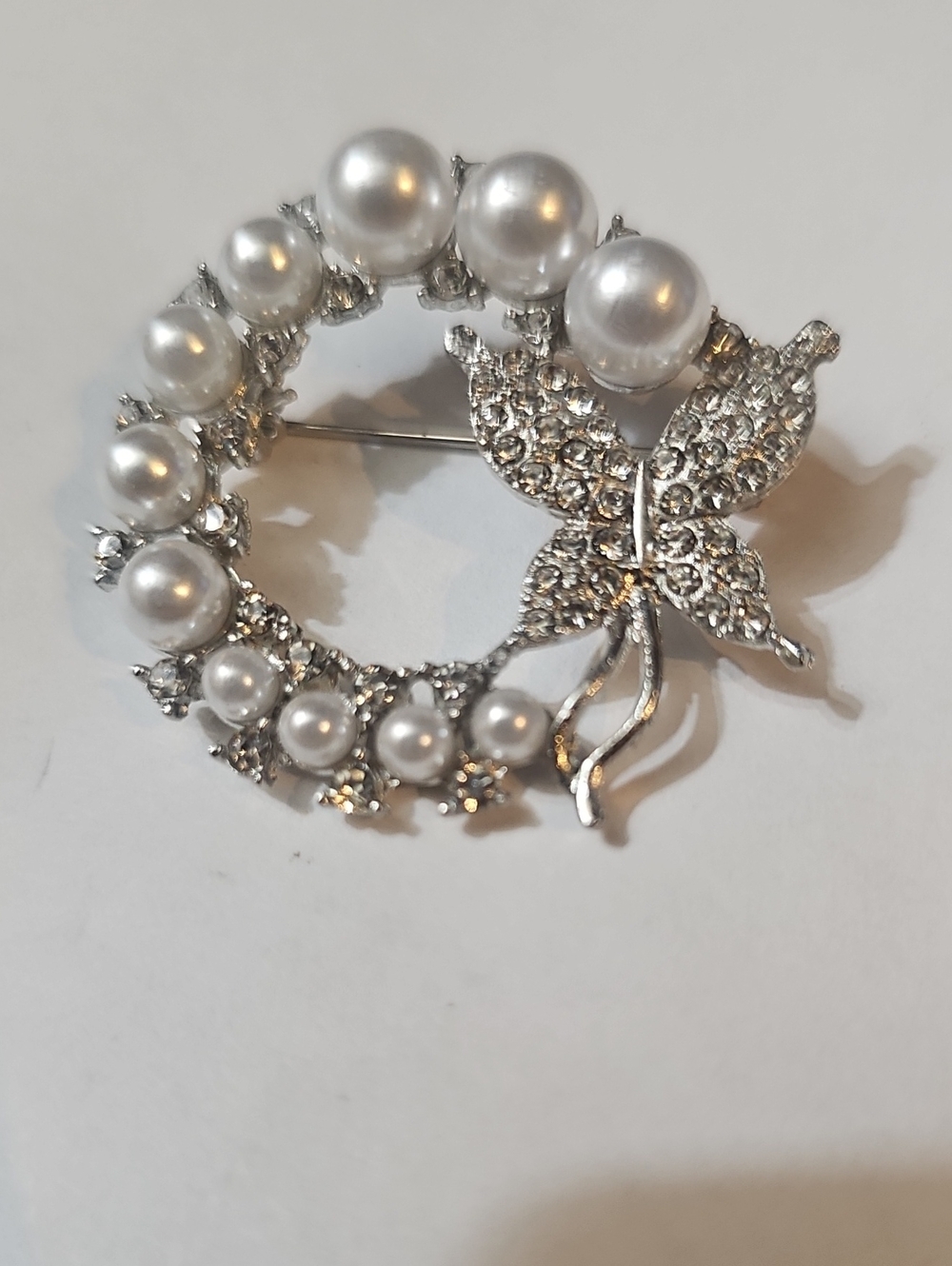 Silver-Tone Pearl & Crystal Butterfly Brooch - White Pearls